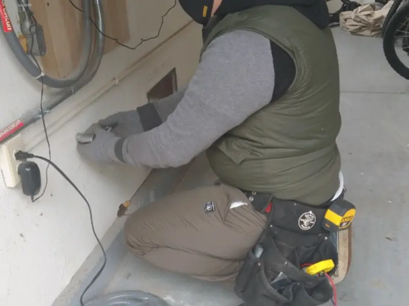 Electrician performing outlet wiring in a East St. Louis garage